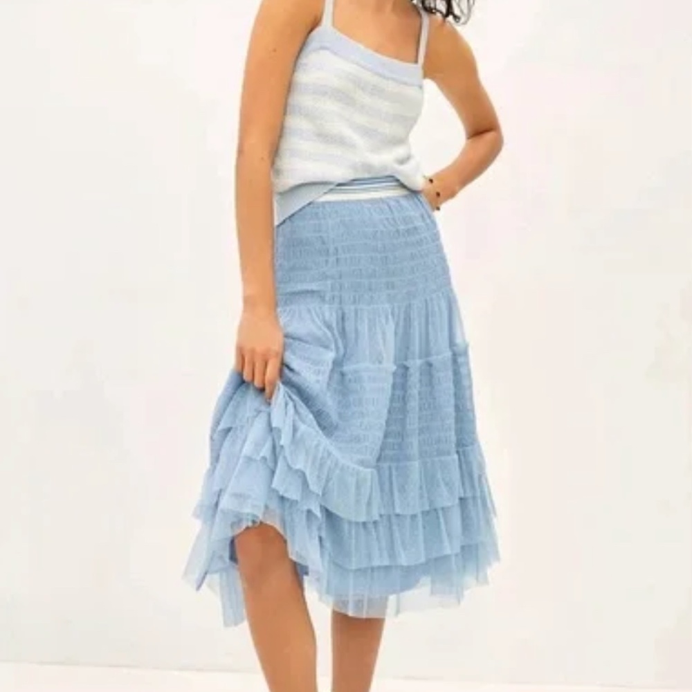 Anthropologie Maeve Blue Swiss Dot Mesh Tulle Tiered Ruffle Midi Skirt - S